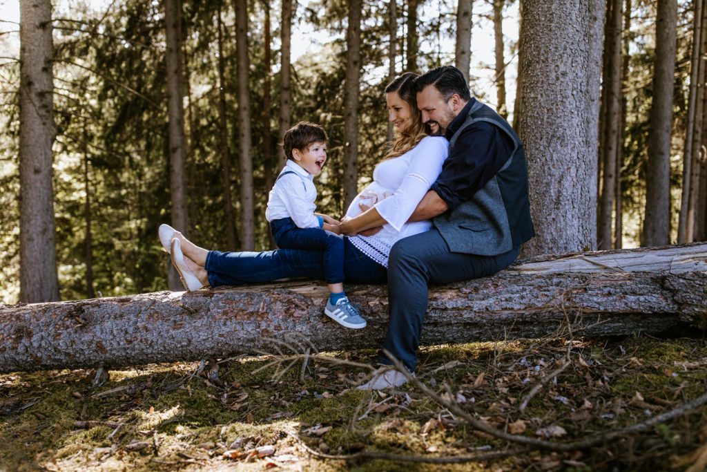 Mama, Papa und Sohn sitzen bei emotionalen Babybauchfotos auf einem Baum